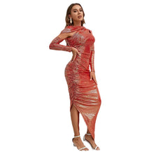 Load image into Gallery viewer, European and American style semi-open collar hollow long-sleeved dress with irregular slits and hip-hugging skirt
