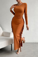 Load image into Gallery viewer, Fringe Slit Round Neck Wrap Dress
