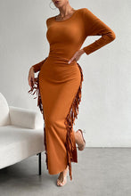 Load image into Gallery viewer, Fringe Slit Round Neck Wrap Dress
